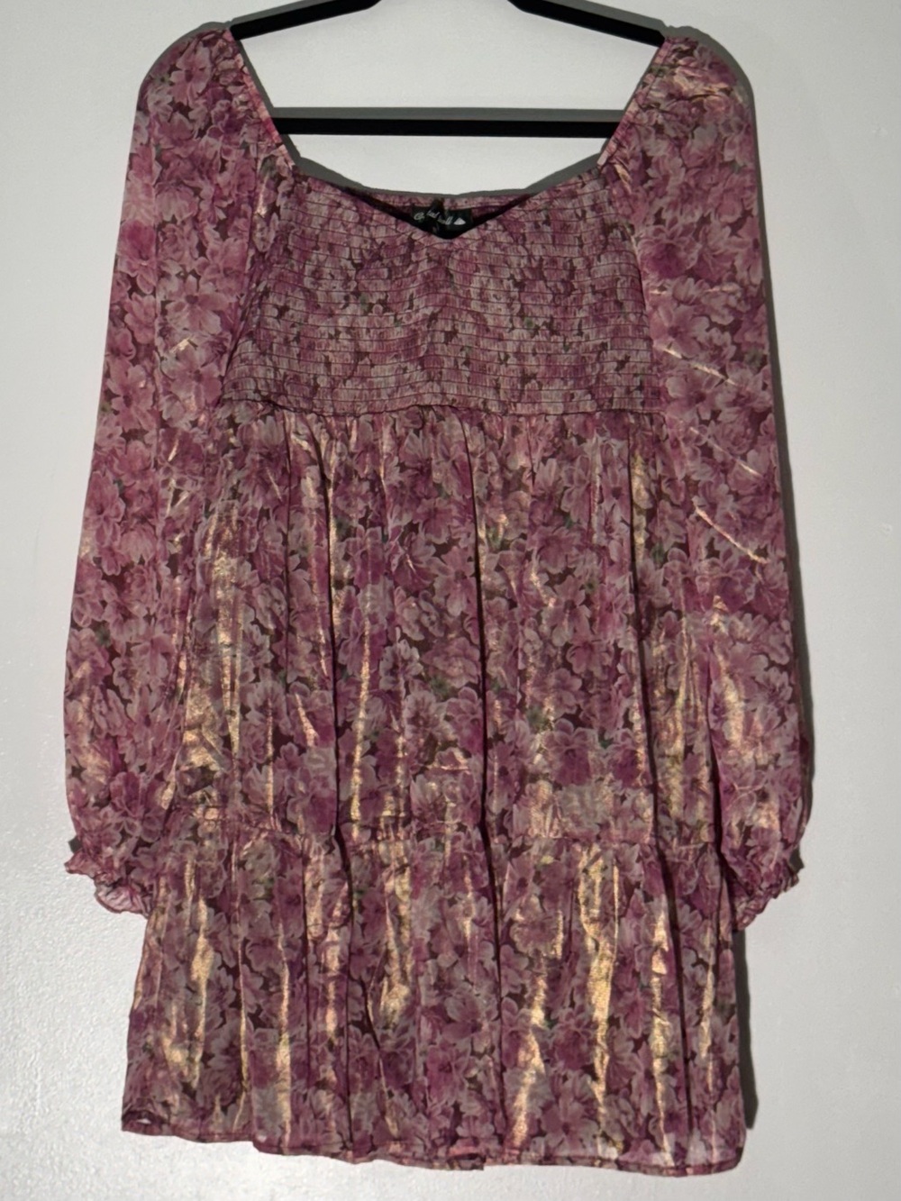 Crystal Doll Purple Floral Babydoll Mini Dress Long Sleeve Square Neck M